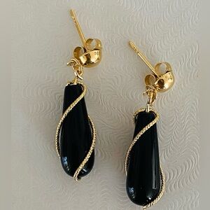 14K Yellow Gold 1” Onyx Dangle Gold Wire Twist Drop Earrings Vintage Unique